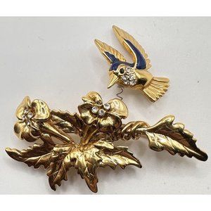 Danecraft Goldtone Enamel & Rhinestone Hummingbird‎ Flowers Trembler Pin Brooch